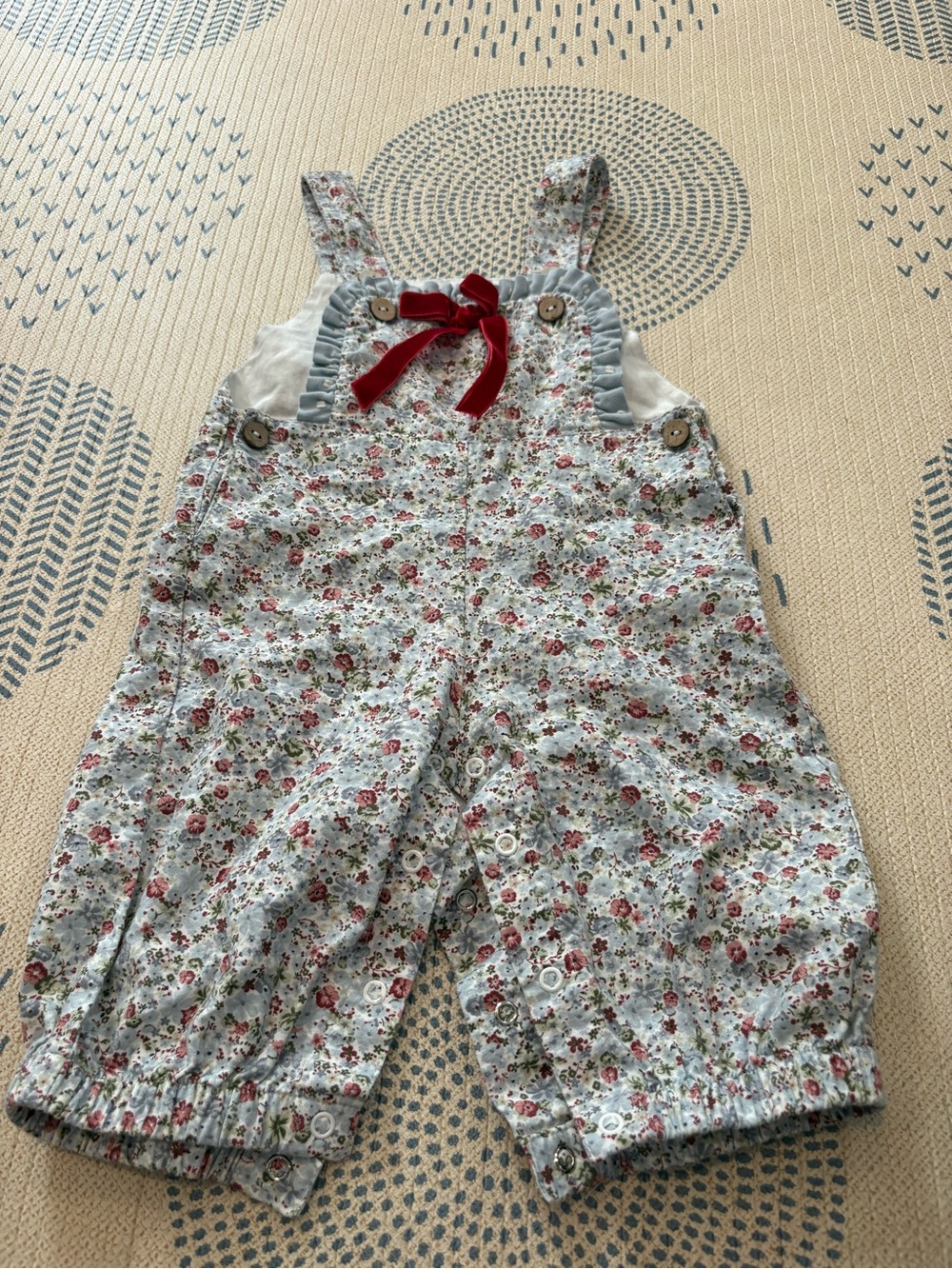 Baby Floral Overall Romper with Red Bow